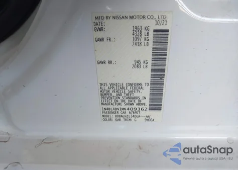 2021 Nissan Altima Sv Fwd из США, поврежденный, VIN 1N4BL4DV1MN409362